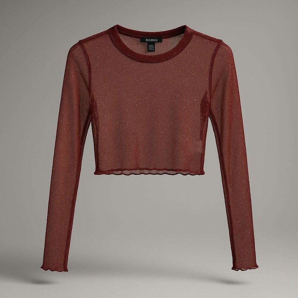 FOREVER 21 Women’s Size Small Mesh Crop Top Red Wine & Gold Shimmer Long Sleeve